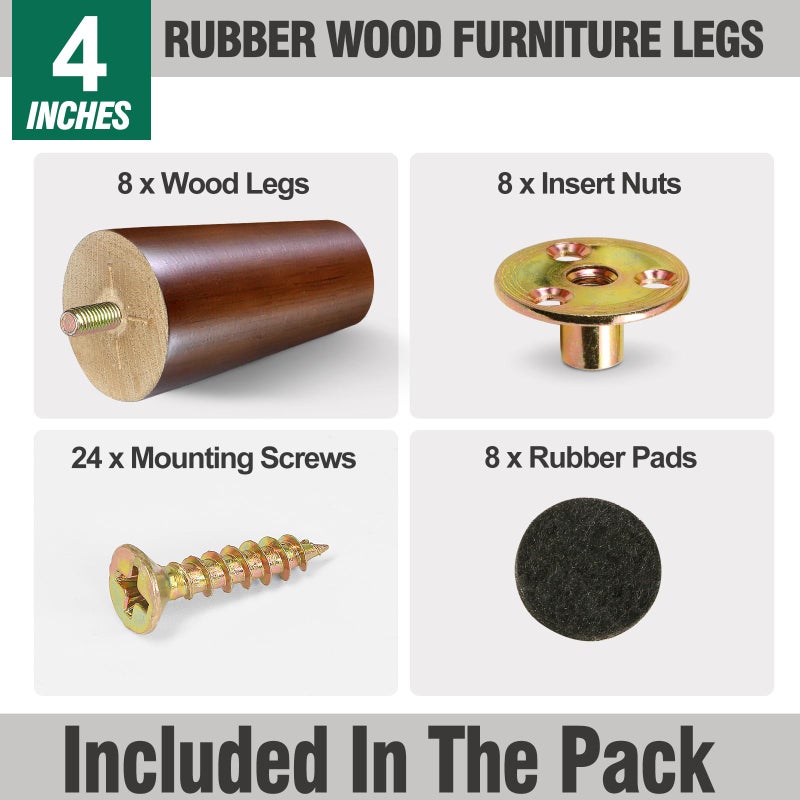 FoDau770 Brown Rubber Wood Furniture Legs 4 Inches, Straight Tapered Wood Legs Mid Century Sofa Legs Set of 8, 5/16"" UNC Furniture Feet Replacement Legs for Sofa Couch Dresser Chair Ottoman - Image 2